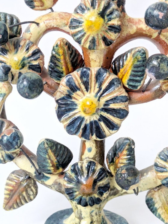 Image 1 of Vintage Mexican Tree of Life Ceramic Candleholder, 1970s Folk Art Candelabra with Birds & Flowers