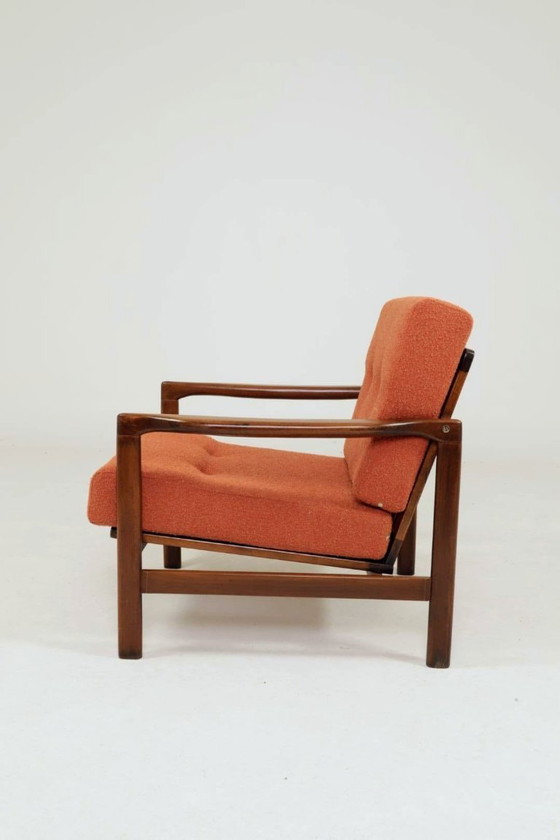 Image 1 of Poltrona vintage con cuscini arancioni papaya, design classico, poltrona lounge MCM, 1960, Polonia