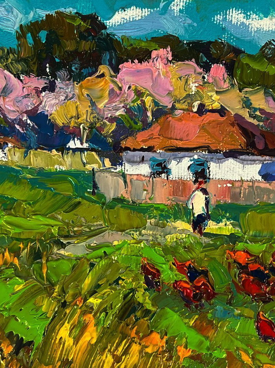 Image 1 of Peinture à l'huile originale représentant un paysage rural, une rue et le parfum printanier du village