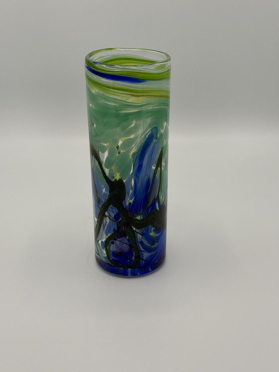 Image 1 of Vintage hand-blown design vase – Artefuego La Palma – blue/green glass art