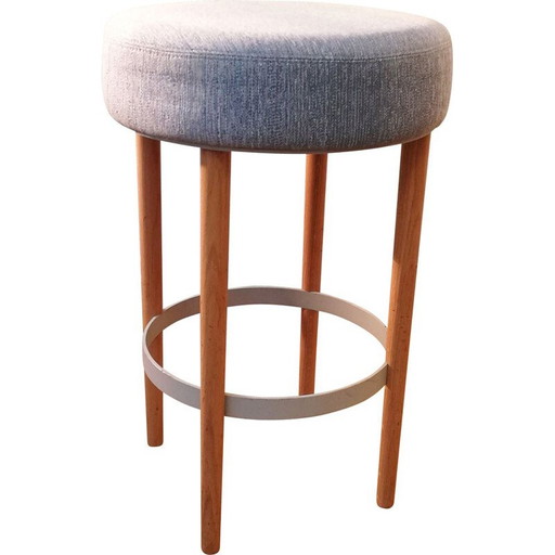 Vintage Hocker aus blauem Stoff und Holz