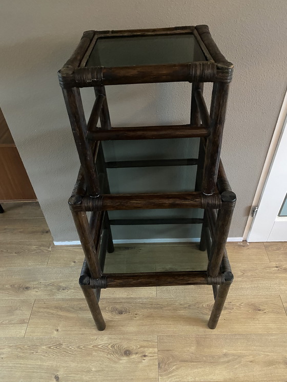 Image 1 of Vintage rattan bamboo nesting tables mimeset smoked glass