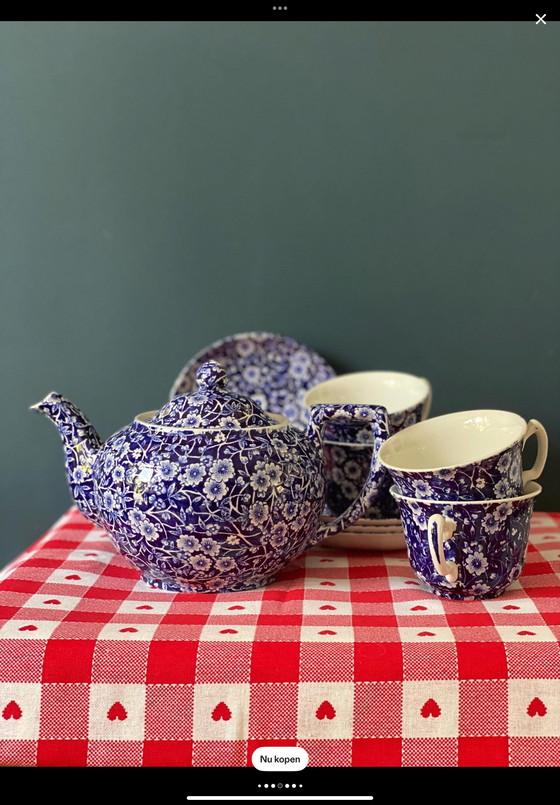 Image 1 of Set van 4 kop en schotels + theepot Calico Burleign cobalt blauw