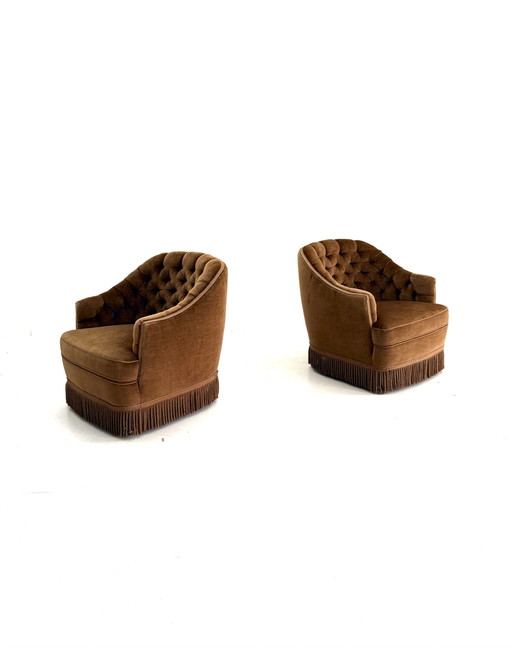 Set Van 2 Vintage Velours Fauteuil, Frankrijk ‘60 – Wood, Textile