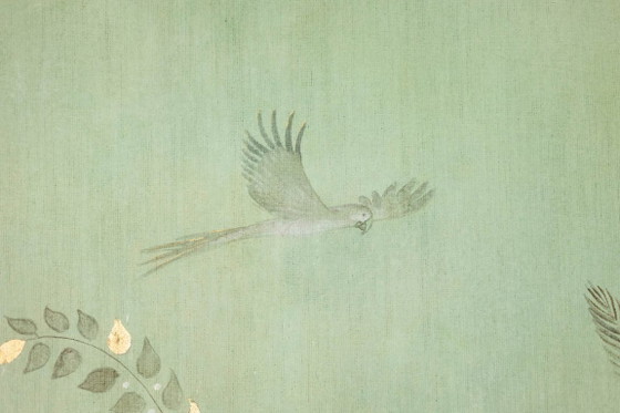 Image 1 of Painted canvas, or decorative panel, Parrots and bird. Contemporary.
