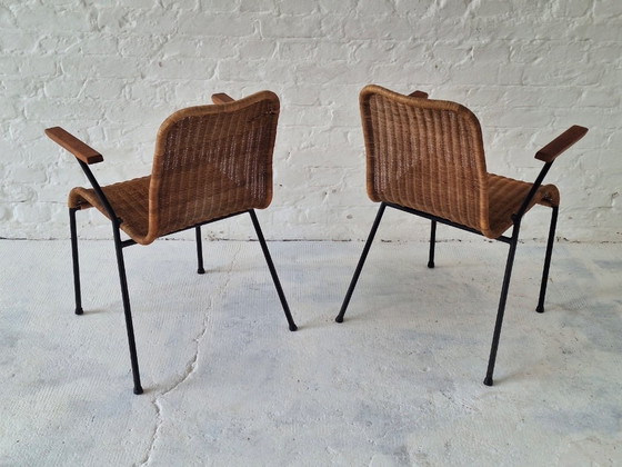 Pair of Rattan and Iron Stackable Elbow Chairs by Gian Franco Legler, Switzerland, 1960s – Dining chairs (photo 5 of 10)