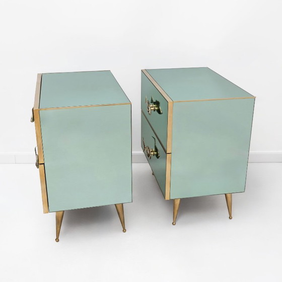 Pair Of Mid-Century Aqua Green Mirrored Glass Nightstands With Brass Fish Handle (photo 7 of 9)