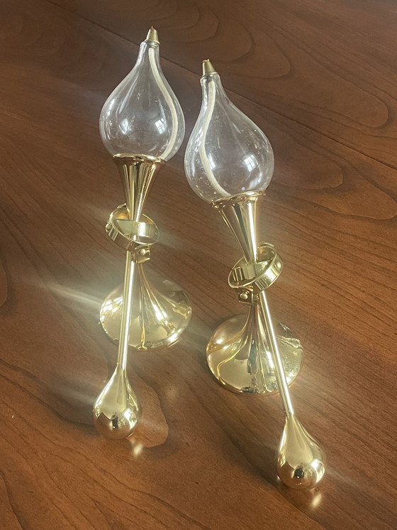 Image 1 of Lampade a olio in ottone di Freddie Andersen, Germania, 1970, con peso a perlina. Set di 2 candele "Clear Drops".