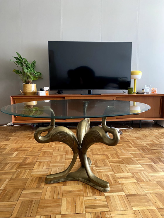 Image 1 of Tavolino da caffè vintage anni &#39;70 con gru in bronzo