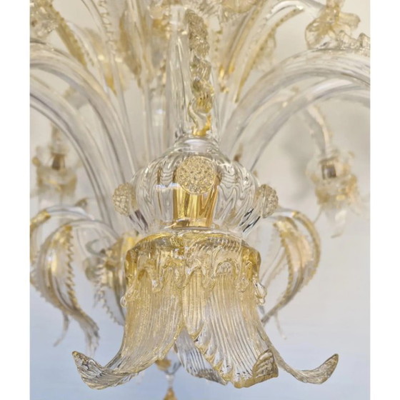 Image 1 of Opulent Gold and Clear Murano Glass Chandelier with Flowers and Leaves