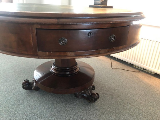 Image 1 of Antique drum table with green leather top