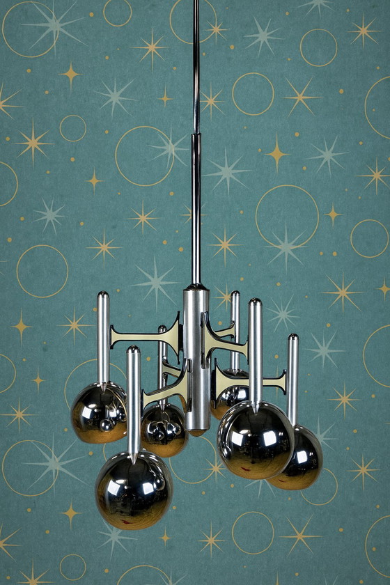 Image 1 of Grote Chromen Vintage Space Age Gaetano Sciolari hanglamp (70s) Itiliaans design (kroonluchter) bol lampen 