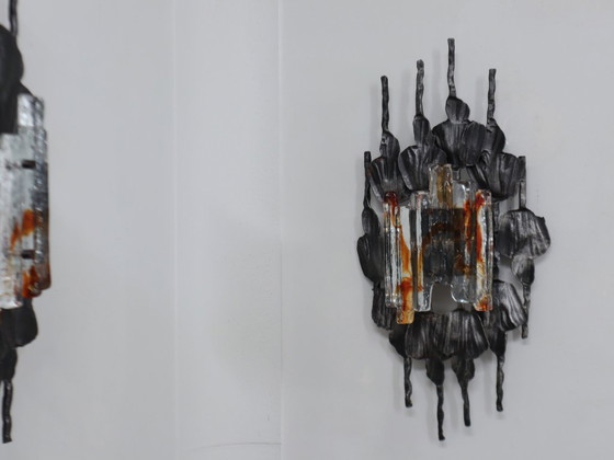 Image 1 of Ensemble de 3 appliques / lampes murales Brutalist en verre de Murano Italie 1970