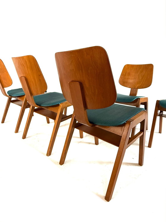 Image 1 of 8x vintage plywood stapelstoel stijl Egon Eiermann ‘60