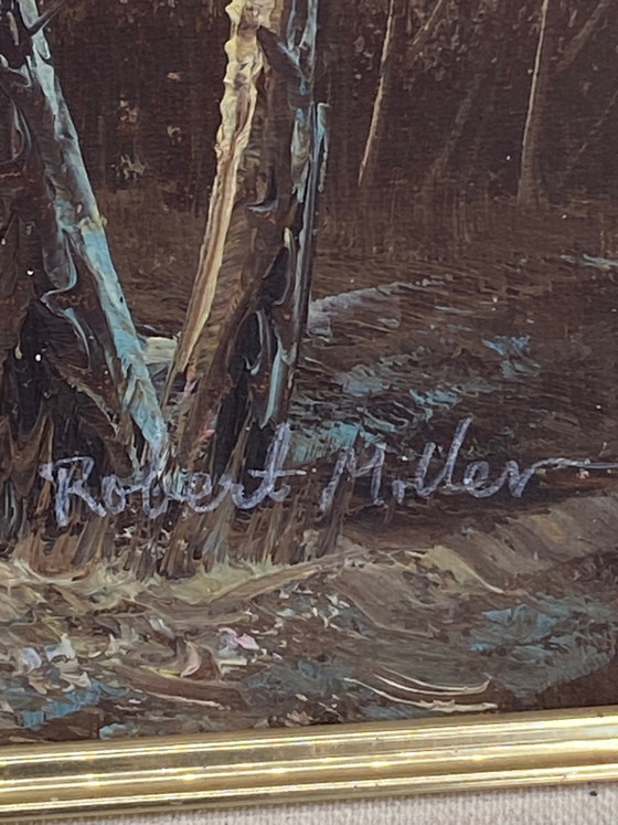 Oil on canvas signed Robert Miller, woodland river landscape, 20th century – Decorative Objects, Textile (photo 6 of 9)