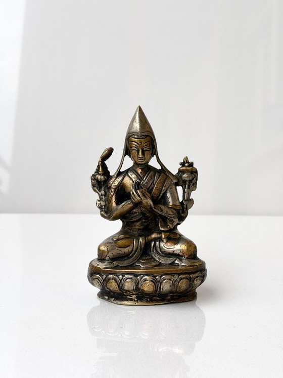 Tsongkhapa Silvered Statue Tibetan Buddhist Lama Engraved Vintage Nepal – Sculpture, Brass (photo 7 of 14)