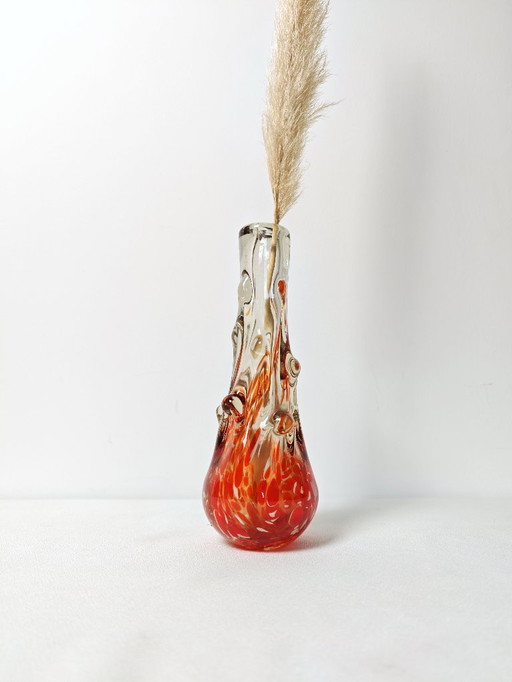 Vintage Hand Blown Art Glass Vase / 1970s Sommerso Style Orange Red Swirl / Retro Murano Look Decorative Vase / 