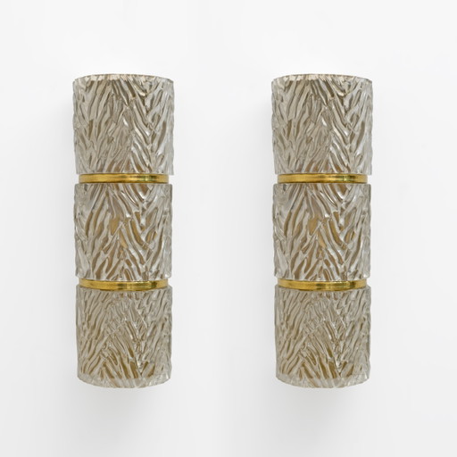 Pair Of Modern Italian Brass And Murano Glass Textured Wall Sconces