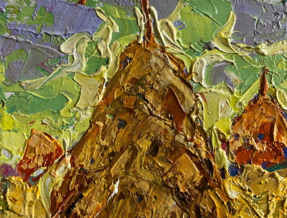 Image 1 of Original Oil Painting Summer Nature Landscape Fresh haystacks in the field
