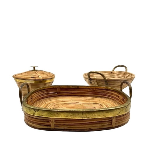 Mid-century set of 3 brass and wicker bowls, Italy ca. 1970