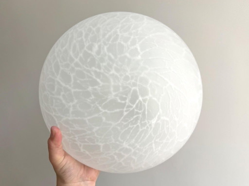 1x Vintage Wit Gemarmerde Glazen Ronde Plafondlamp / Plafonnière – plafondlampen, Glass, Metal
