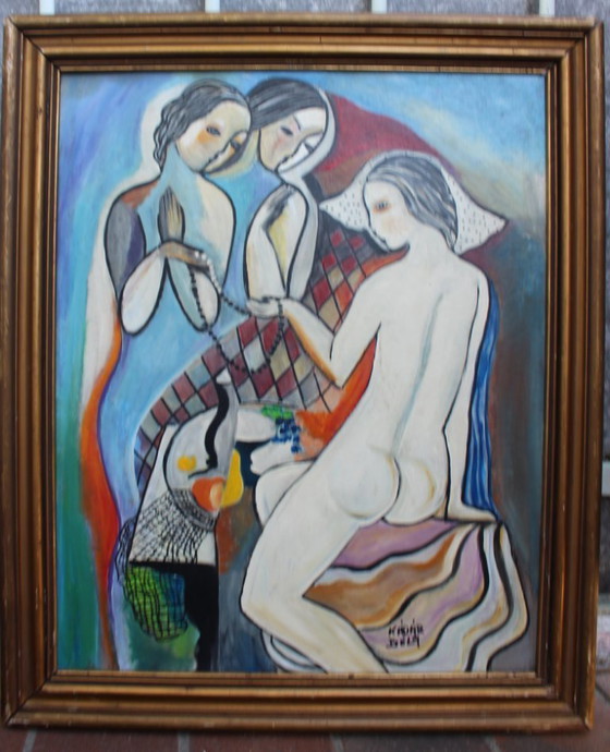 Image 1 of Modernist Hungarian Style Oil Painting Three Graces Homage to Béla Kádár