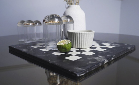 Image 1 of Handpainted Fossil Marble Chess Board, Vintage 1970s Cheese Charcuterie Tray, Black White Checkered Orthoceras Decor Gift