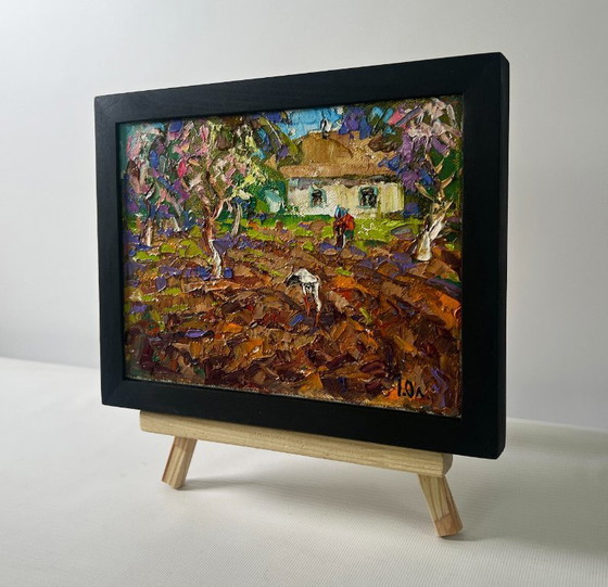 Image 1 of Original Oil Painting Day Village Landscape - "The Sky is Blue and the Spring"