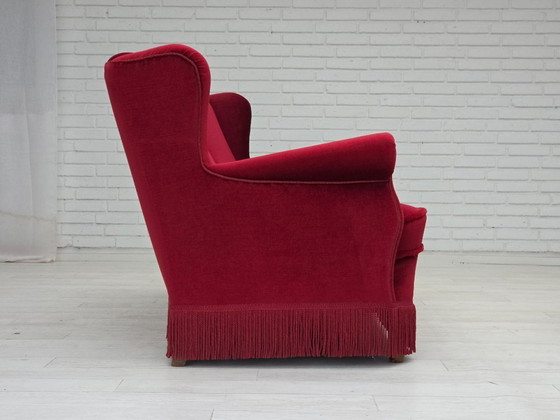 Image 1 of 1960s, Danish 3-seater curved sofa, red furniture velour.