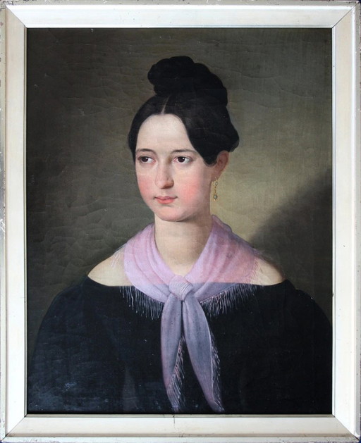 19e-eeuws olieverfportret van een jonge vrouw