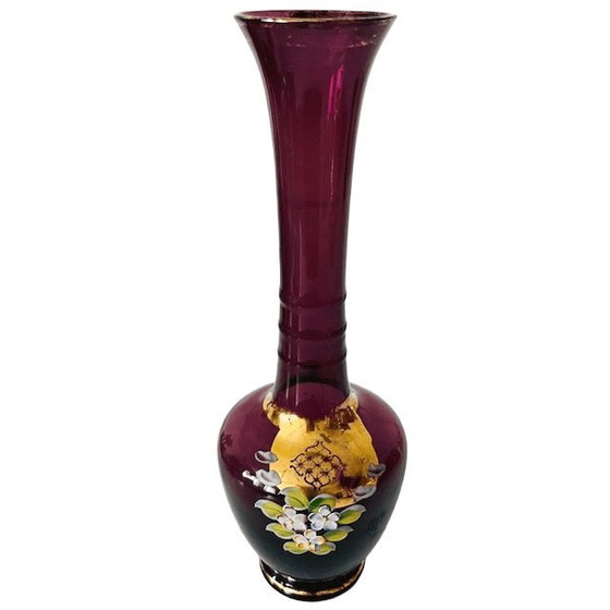 Image 1 of Vase vintage tchèque de Bohême en verre doré peint à la main, violet améthyste, années 1950