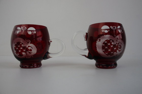 Image 1 of Antique Set of 36 pieces of Artistic cut Ruby red glass, Egermann, 1950's. 