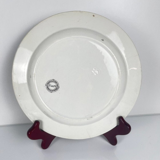 Image 1 of Trio antieke Sarreguemines U&C-borden, jachtscène, 1850 - 19e eeuw, zwart aardewerk, De hinde, Gems, Vos