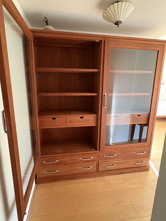 Image 1 of Elegant Cherry Display Cabinet with Drawers and Glass Doors