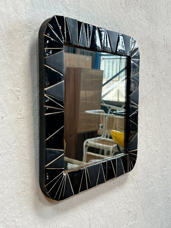 Image 1 of Miroir vintage avec bordure en céramique, carré ou losange, années 1960