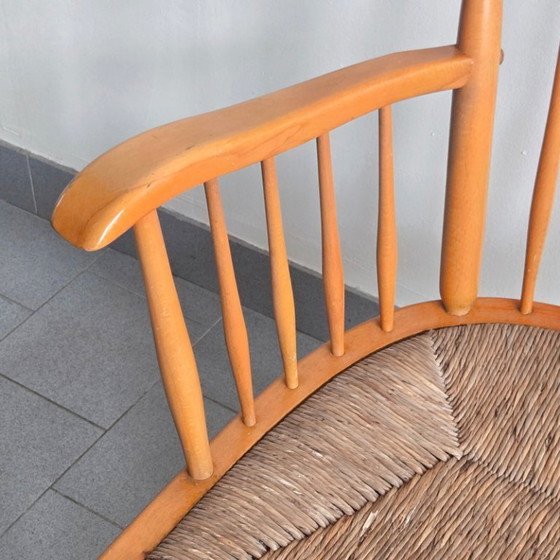 Image 1 of FAUTEUIL VINTAGE DE ARNO LAMBRECHT POUR WKS MOBEL 1950 EN HETRE & JONC 50S 1950S