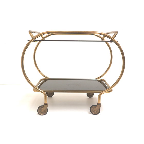 Image 1 of Carrello bar in ottone e vetro nero / carrello di servizio / tavolino di Grünstadt