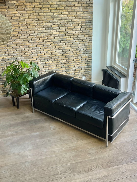 Image 1 of Le Corbusier Style Sofa Replica LC3 - Black Leather Designer Sofa