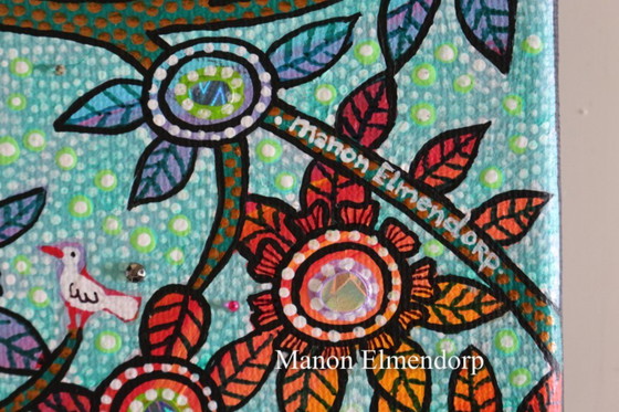 Image 1 of Hand-painted Small Painting Cat & Birds New 20x20 cm