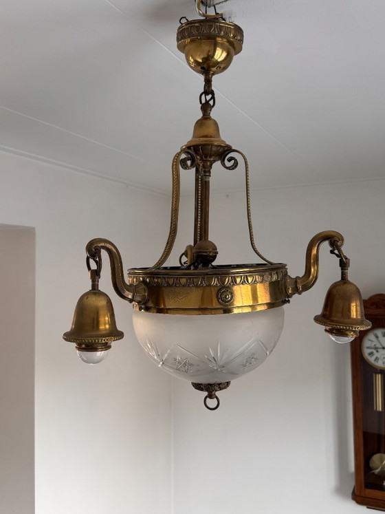 Antique Art Deco Pendant Lamp Brass with Cut Glass 3 Arms and 4 Light Points (photo 3 of 5)