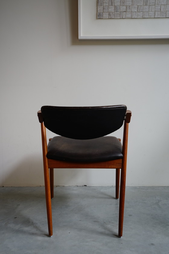 Image 1 of 6 Kai Kristiansen stoelen | Model 42 | Teak Leder patina