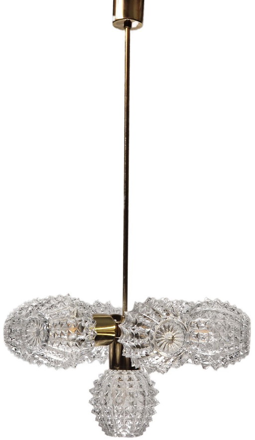 Kamenický Šenov "Ježko" Kronleuchter - Tschechischer Vintage-Design-Klassiker (1970er, Kristall & Messing)