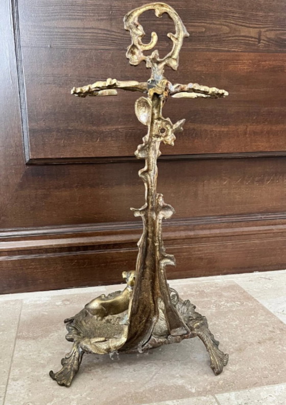 Image 1 of Portaombrelli o portautensili da camino in ottone vintage con scena di caccia