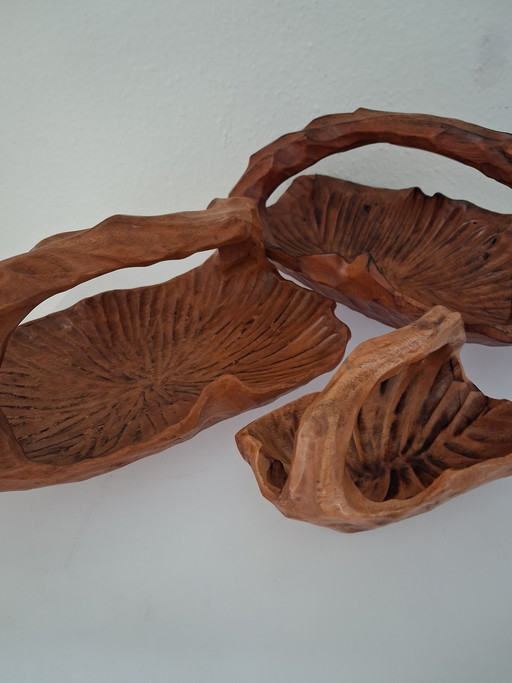 3 cuencos de teca estilo brutalista de mediados de siglo