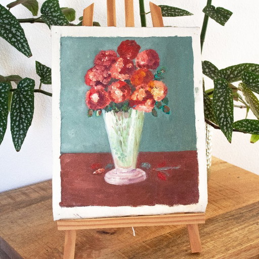 Natura morta vintage con fiori in un vaso, olio su tela, senza cornice