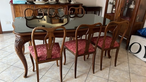 Table + 6 Walnut Chairs - Venetian Barocchetto Style - 1950s, Dining tables, Wood, Glass, Brown, Vintage (photo 4 of 5)