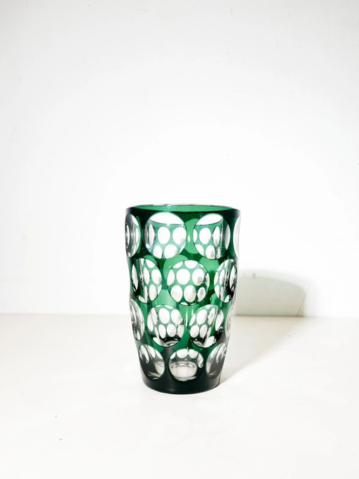 Jarrón de cristal tallado Val Saint Lambert – Revestimiento verde esmeralda – vazen