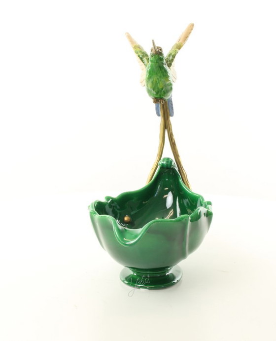 Image 1 of HUMMINGBIRD PLANTER JASMINE PORCELAIN + BRONZE ORMOLU BIRD BOWL SCULPTURE