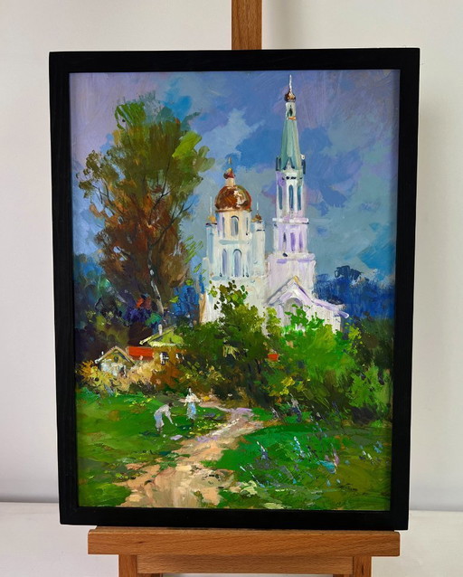 Original Oil Painting Summer Nature Landscape Church under a shining sky