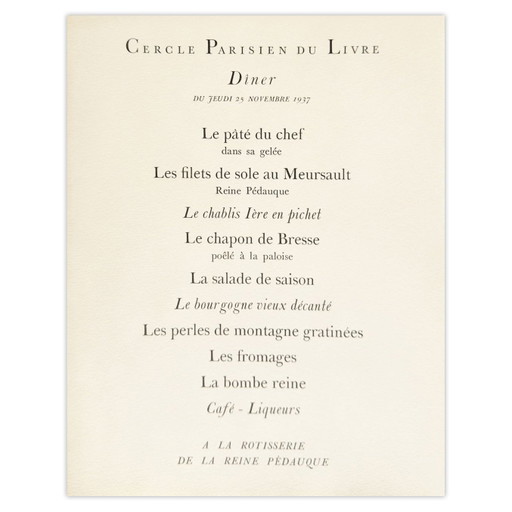 Charles Emile Carlegle, Dinermenu van de Parijse Boekenkring, lithografie, 1937